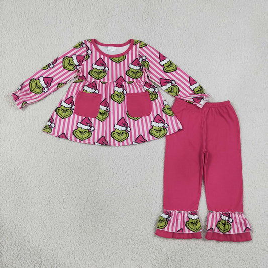 GLP3458 Christmas Green Animals Stripe Rose Red Girls Set