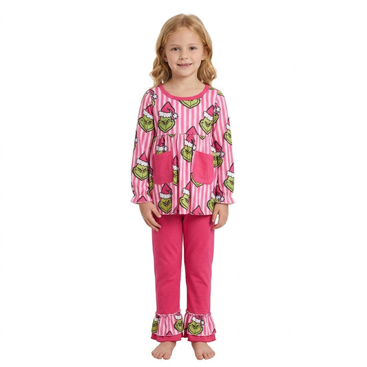 GLP3458 Christmas Green Animals Stripe Rose Red Girls Set