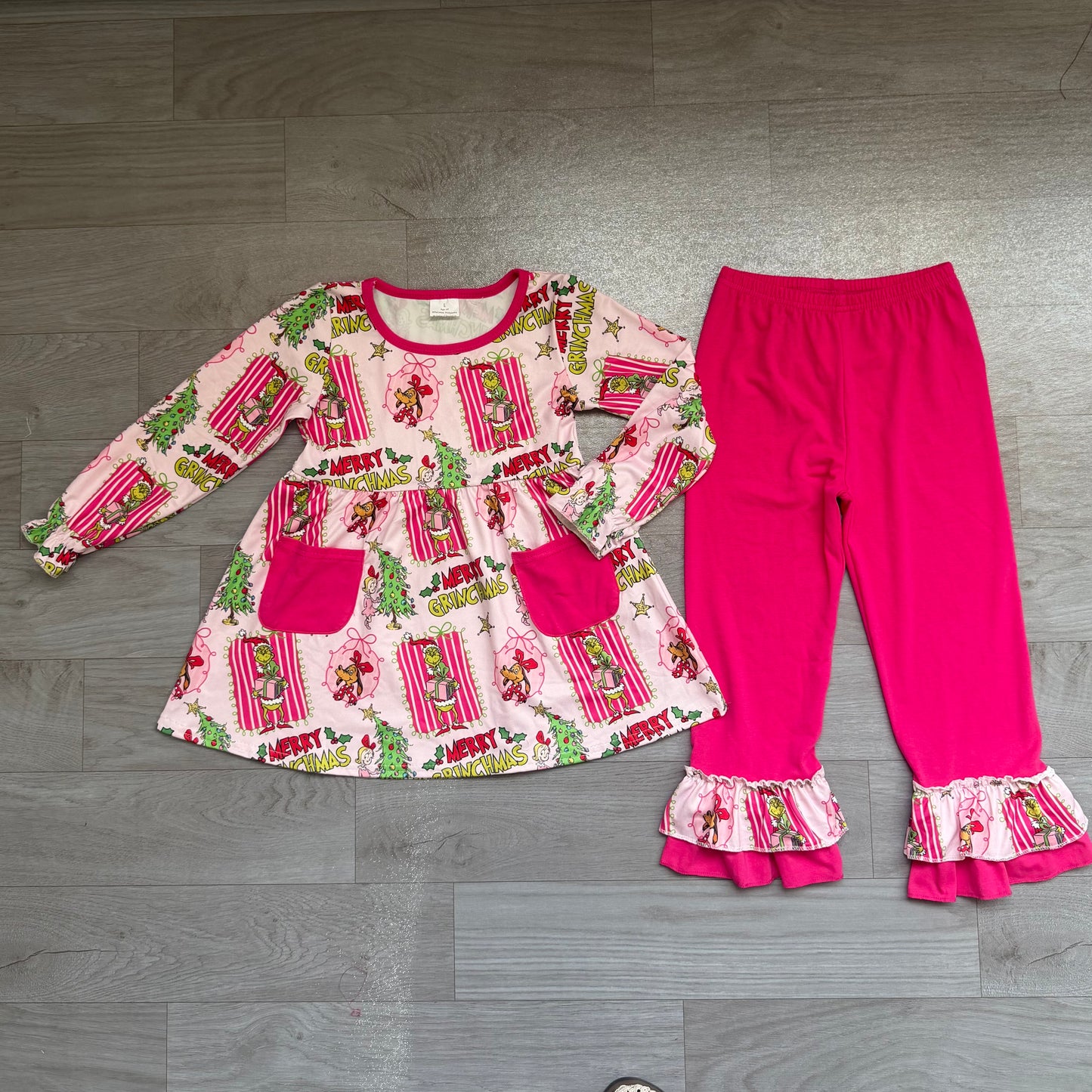NO MOQ Preorder GLP3461 Christmas Granch Rose Red Pocket Long-Sleeved Pants Girls Sets 202607