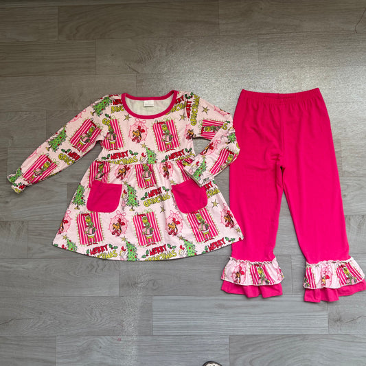 NO MOQ Preorder GLP3461 Christmas Granch Rose Red Pocket Long-Sleeved Pants Girls Sets 202607