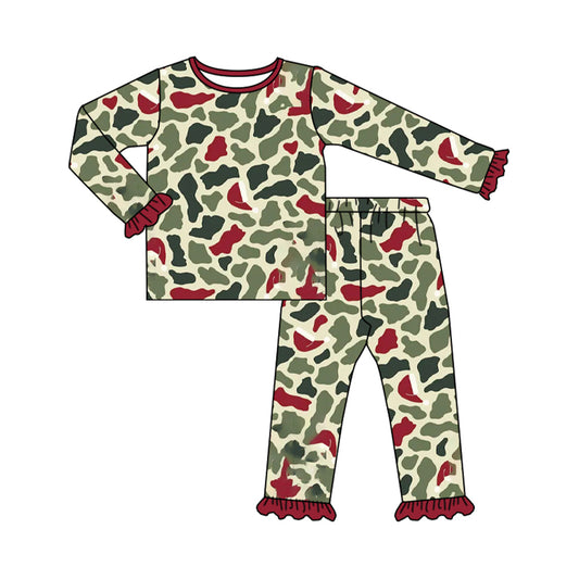 MOQ 5 PCS Preorder GLP3462 Red Green Camo Long-Sleeved Pants Girls Pajamas Sets 202607