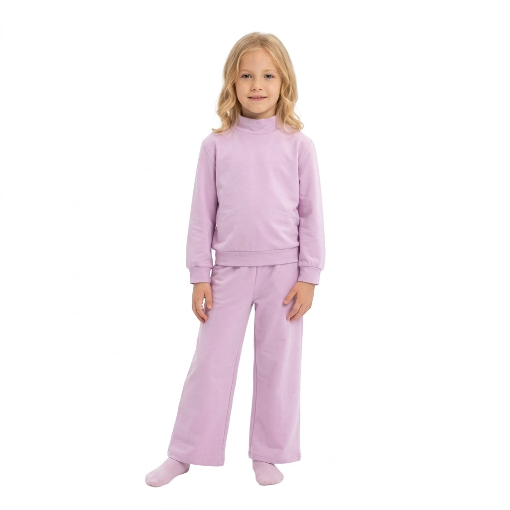 GLP3470 Solid Color Cotton Light Purple Middle Neckline Sweater Girls Set