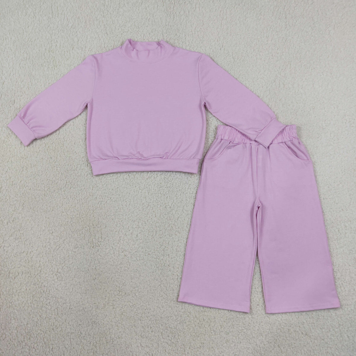 GLP3470 Solid Color Cotton Light Purple Middle Neckline Sweater Girls Set