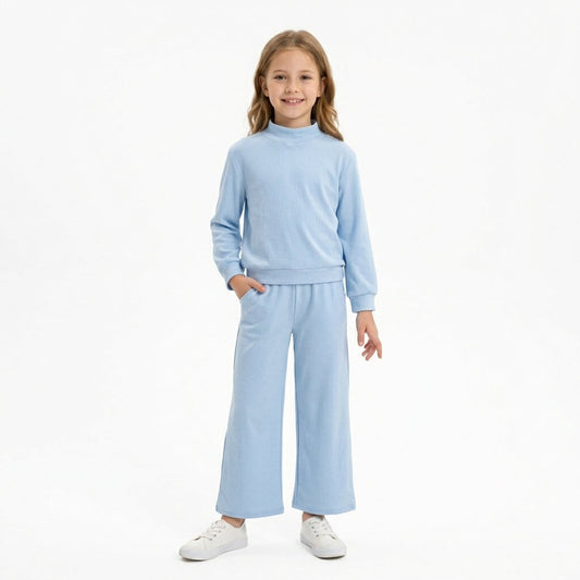 GLP3472 Solid Color Cotton Blue Mockneck Girls Set