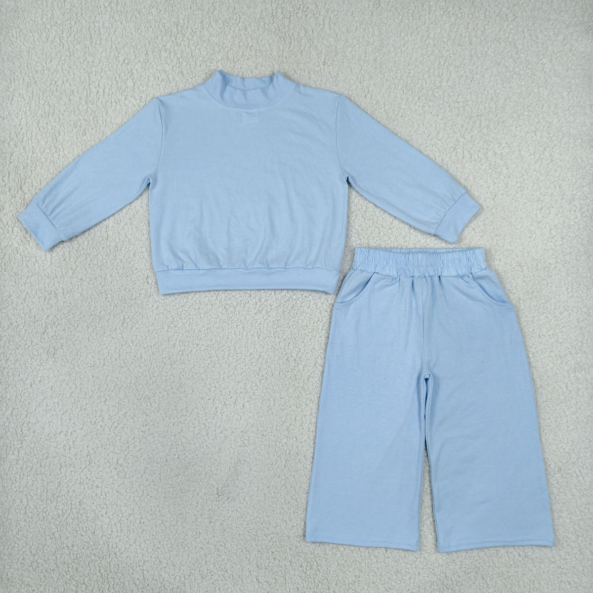 GLP3472 Solid Color Cotton Blue Mockneck Girls Set
