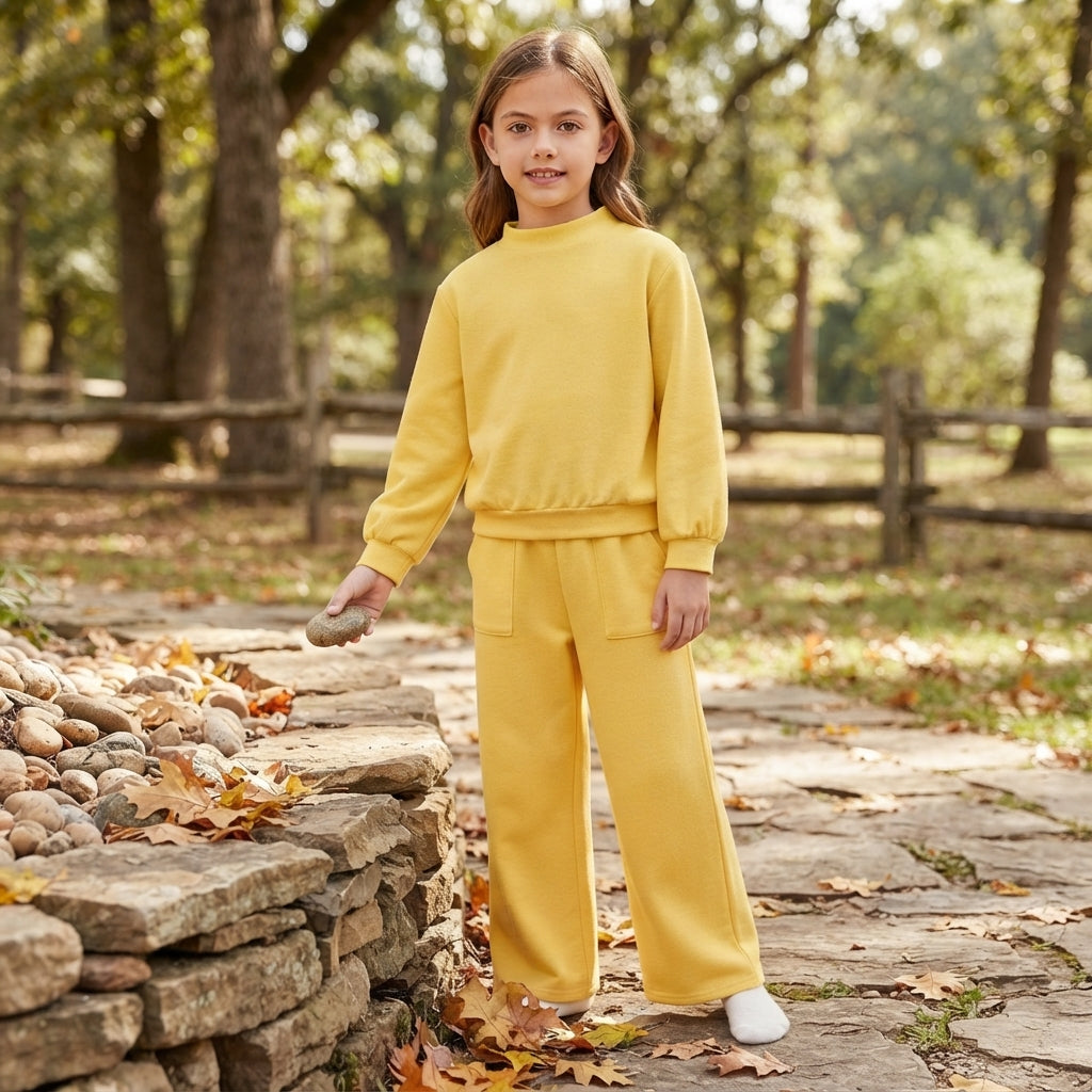 GLP3473 Solid Color Cotton Yellow Middle Neckline Girls Set