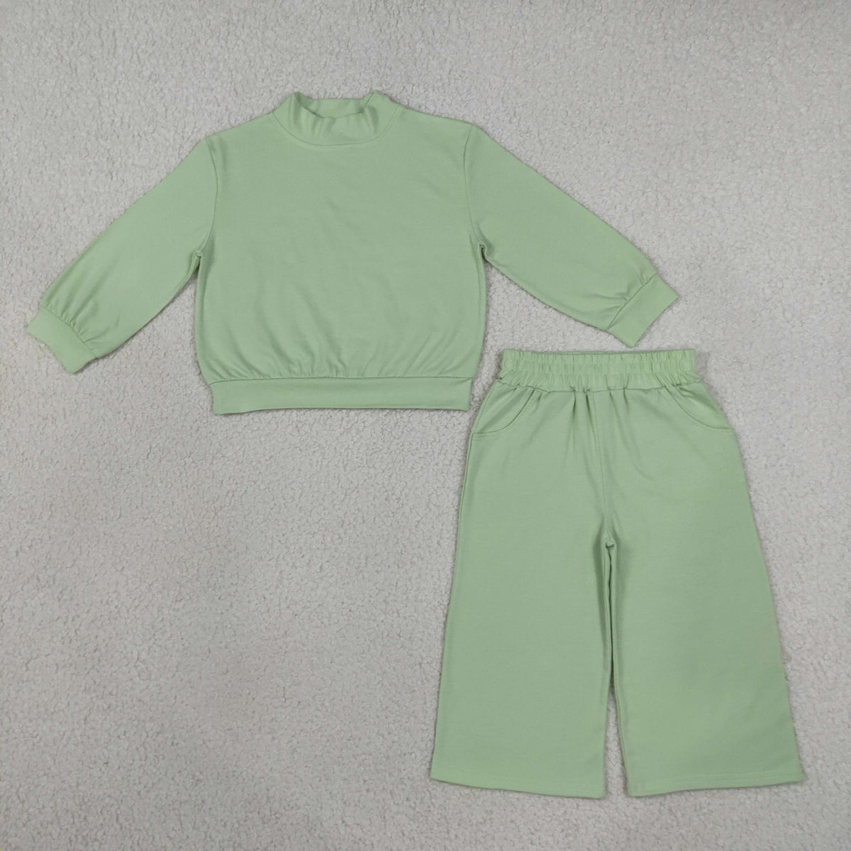 GLP3474 Solid Color Cotton Light Green Middle Neckline Girls Set