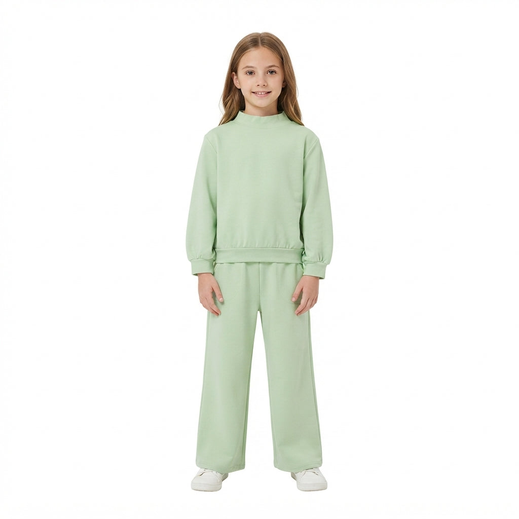 GLP3474 Solid Color Cotton Light Green Middle Neckline Girls Set