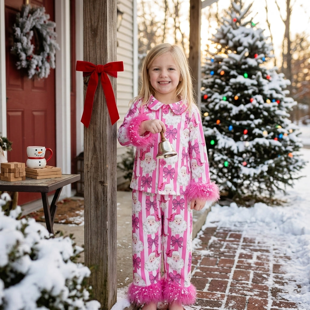 GLP3478 Christmas Santa Bows Rose Red Feather Girls Pajamas Outfits