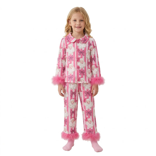 GLP3478 Christmas Santa Bows Rose Red Feather Girls Pajamas Outfits