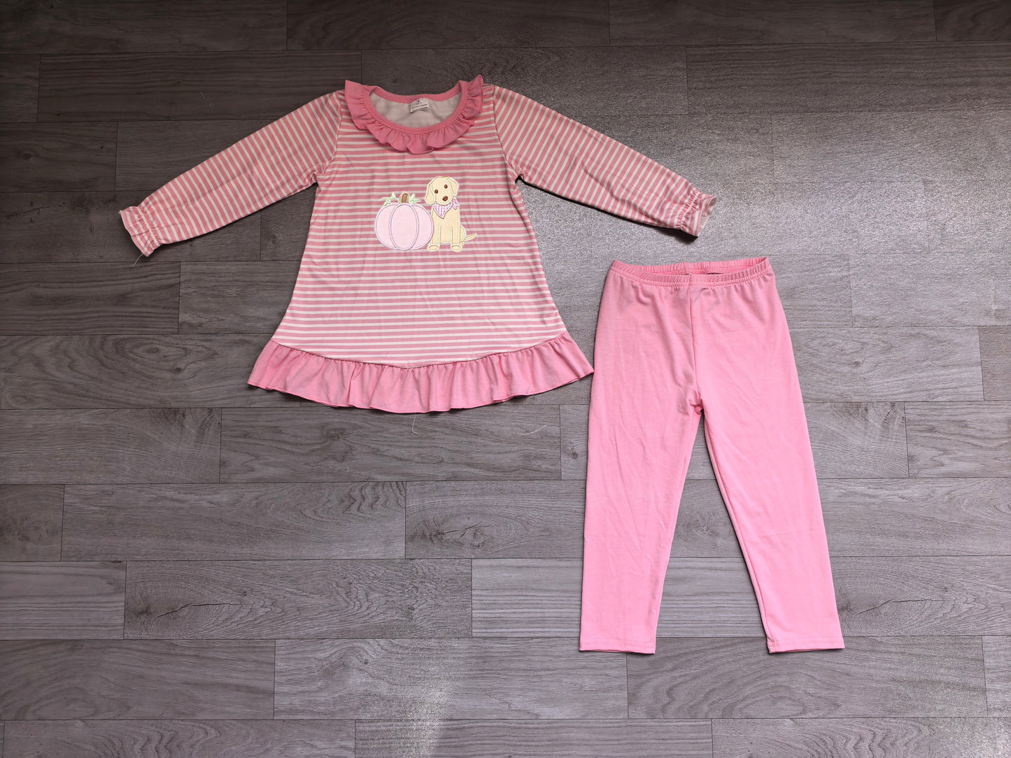 NO MOQ Preorder GLP3480 Embroidered Puppy Pumpkin Pink Ruffle Stripe Long-Sleeved Pants Girls Sets 202607