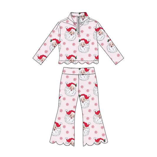 MOQ 30 PCS Preorder GLP3481 Christmas Santa Claus Pink Stripe Zip Collar Long-Sleeved Scalloped Pants Girls Sets 202607