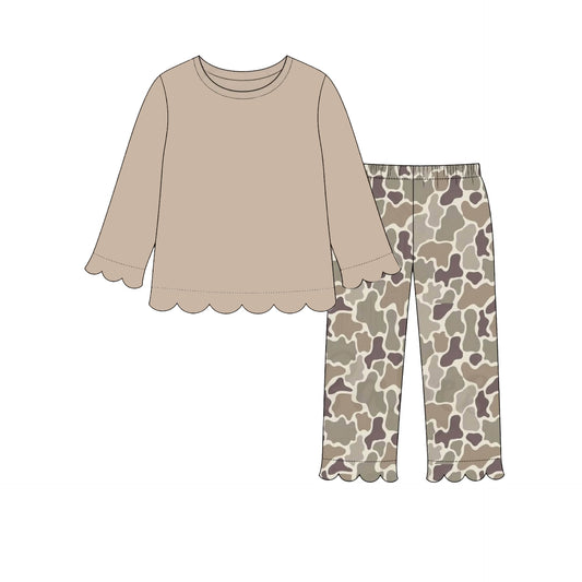 MOQ 30 PCS Preorder GLP3487 Solid Khaki Scalloped Long Sleeve Camouflage Pants Girls Sets 202607