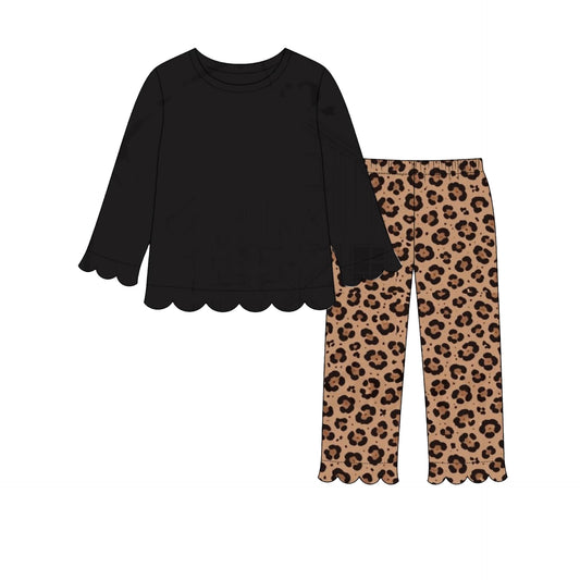 MOQ 30 PCS Preorder GLP3488 Solid Black Scalloped Long Sleeve Leopard Brown Pants Girls Sets 202607