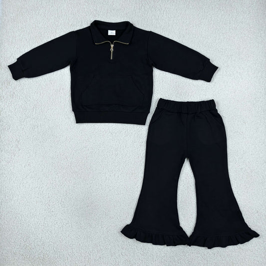 GLP3489 Solid Color Black Thick Sweatshirt Pullover Girls Flared Set