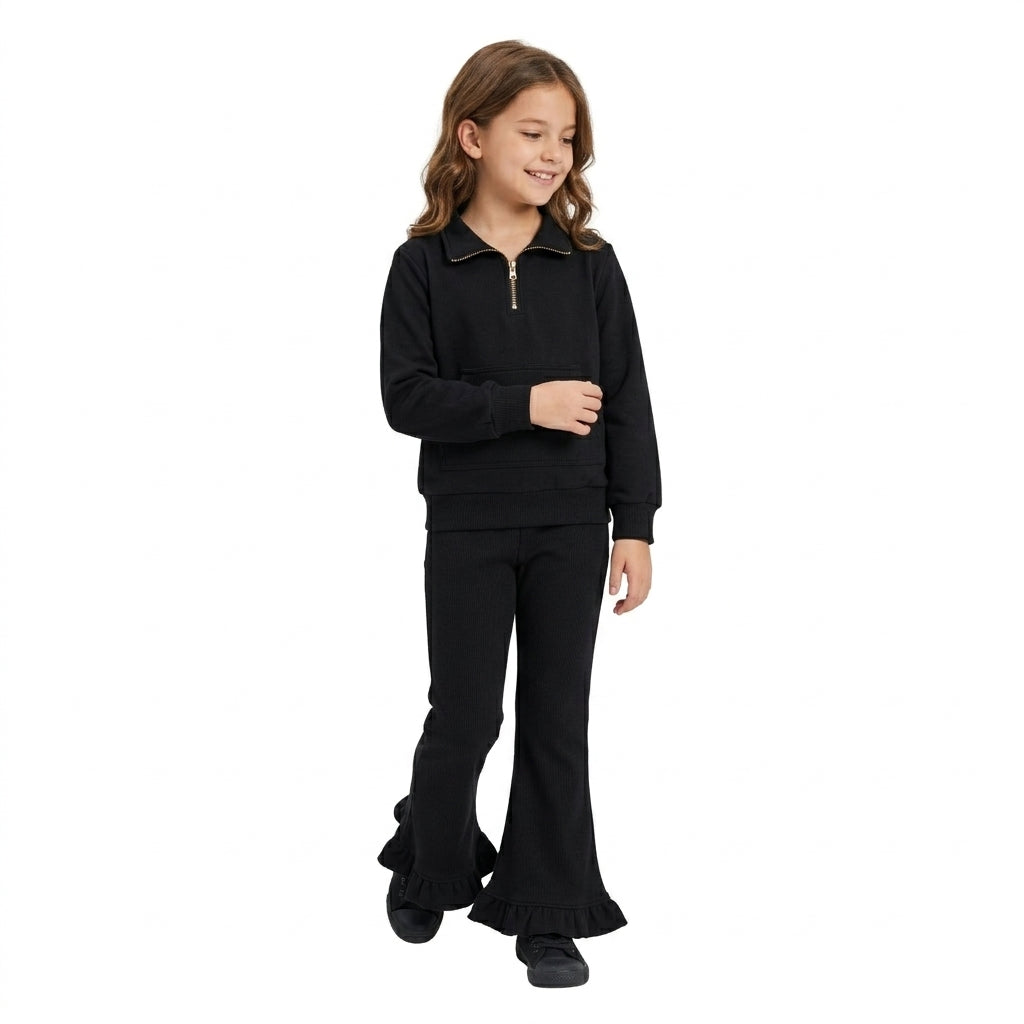 GLP3489 Solid Color Black Thick Sweatshirt Pullover Girls Flared Set
