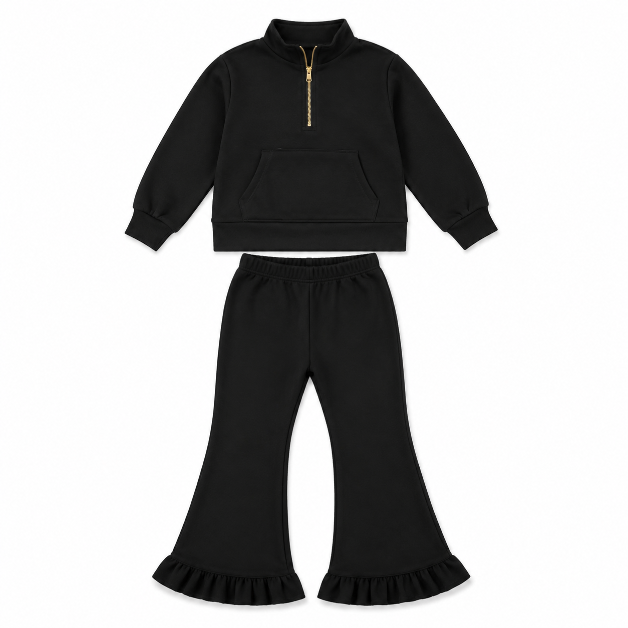 MOQ 5 PCS Preorder GLP3489 Solid Black Zip Collar Long-Sleeved Pants Girls Sets Sweatshirt and Sweatpants Sets 202607