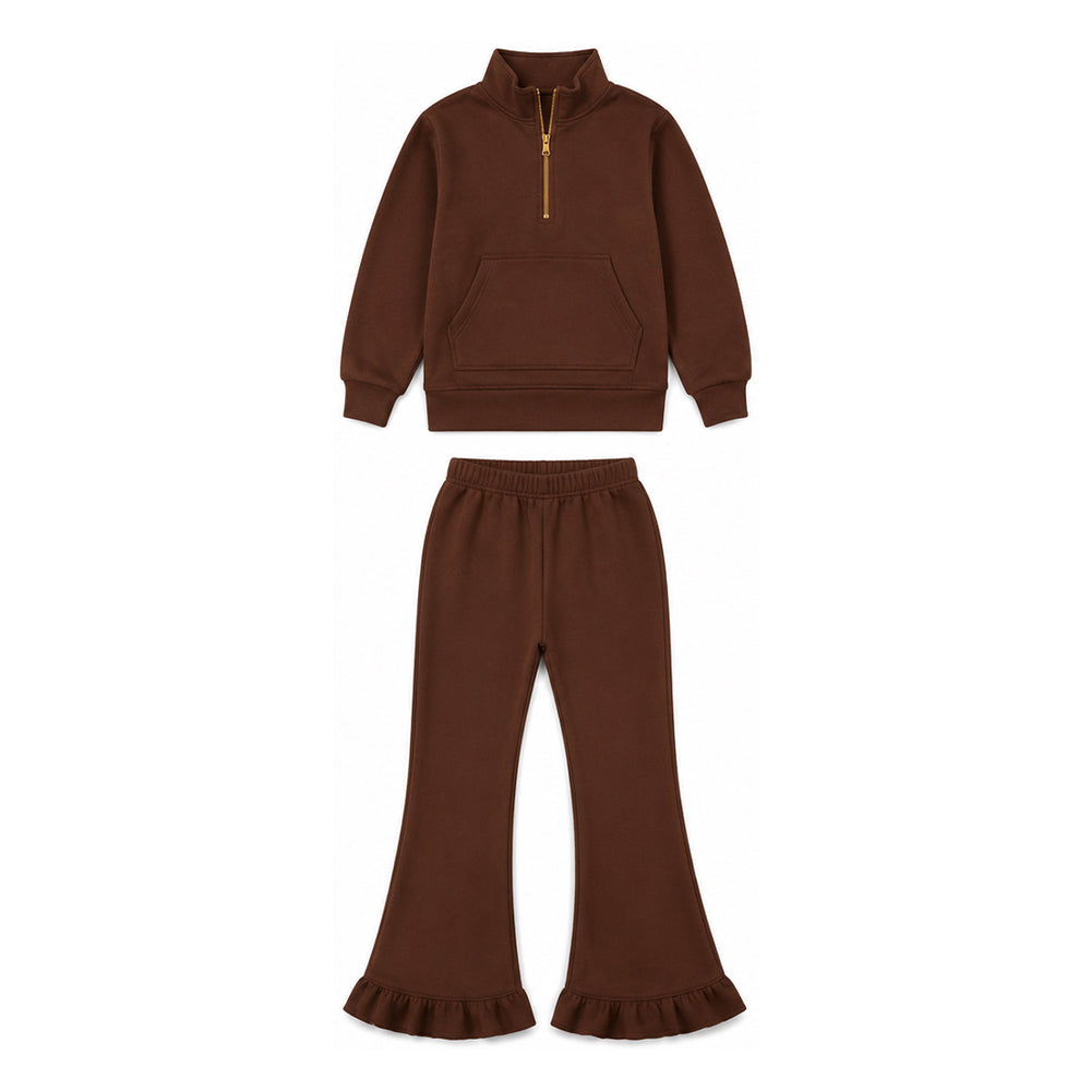 MOQ 5 PCS Preorder GLP3491 Solid Brown Zip Collar Long-Sleeved Pants Girls Sets Sweatshirt and Sweatpants Sets 202607