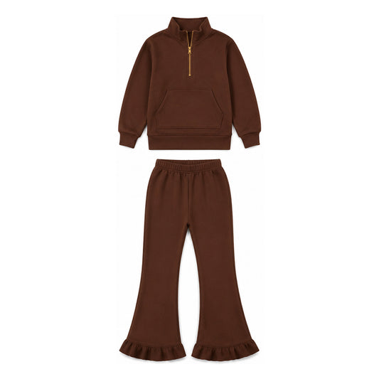MOQ 5 PCS Preorder GLP3491 Solid Brown Zip Collar Long-Sleeved Pants Girls Sets Sweatshirt and Sweatpants Sets 202607