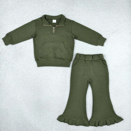GLP3492 Solid Color Dark Green Thick Sweatshirt Pullover Girls Flared Set