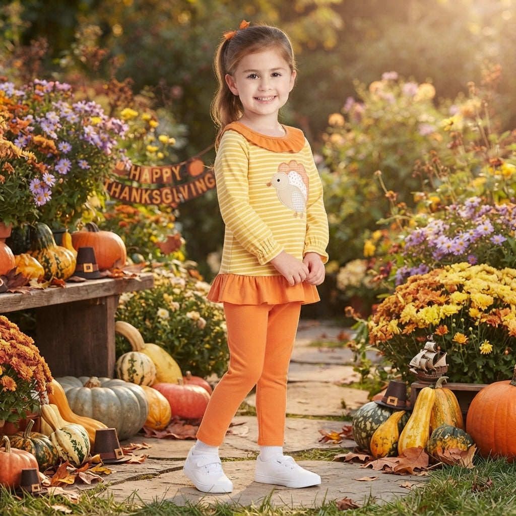 GLP3493 Thanksgiving Day Embroidery Turkey Ruffles Girls Outfits 202609 RTS