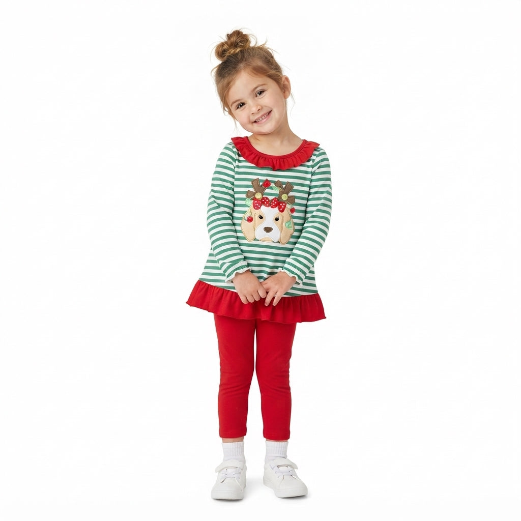 Christmas Embroidery Puppy Antlers Stripe Red Kids Sibling Matching Clothes