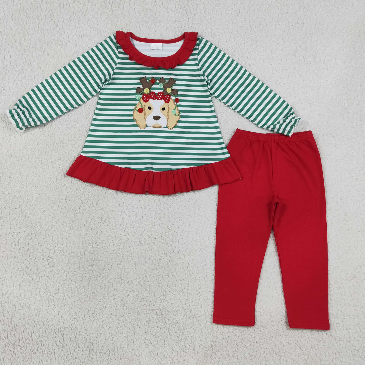 Christmas Embroidery Puppy Antlers Stripe Red Kids Sibling Matching Clothes