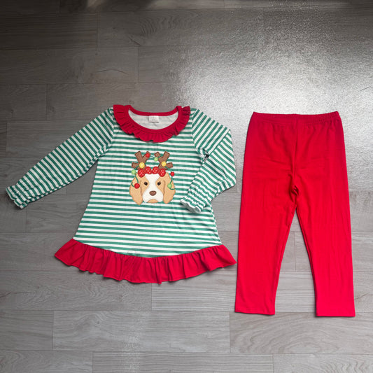 NO MOQ Preorder GLP3494 Embroidered Christmas Reindeer Antler Puppy Green Stripe Red Ruffle Long Sleeve Pants Girls Sets 202607