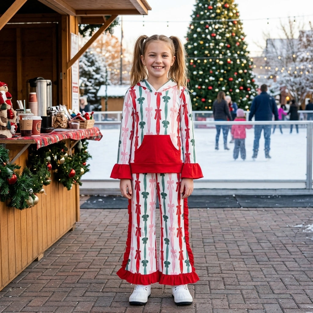GLP3497 Christmas Santa Bows Ruffles Hoodie Girls Outfits