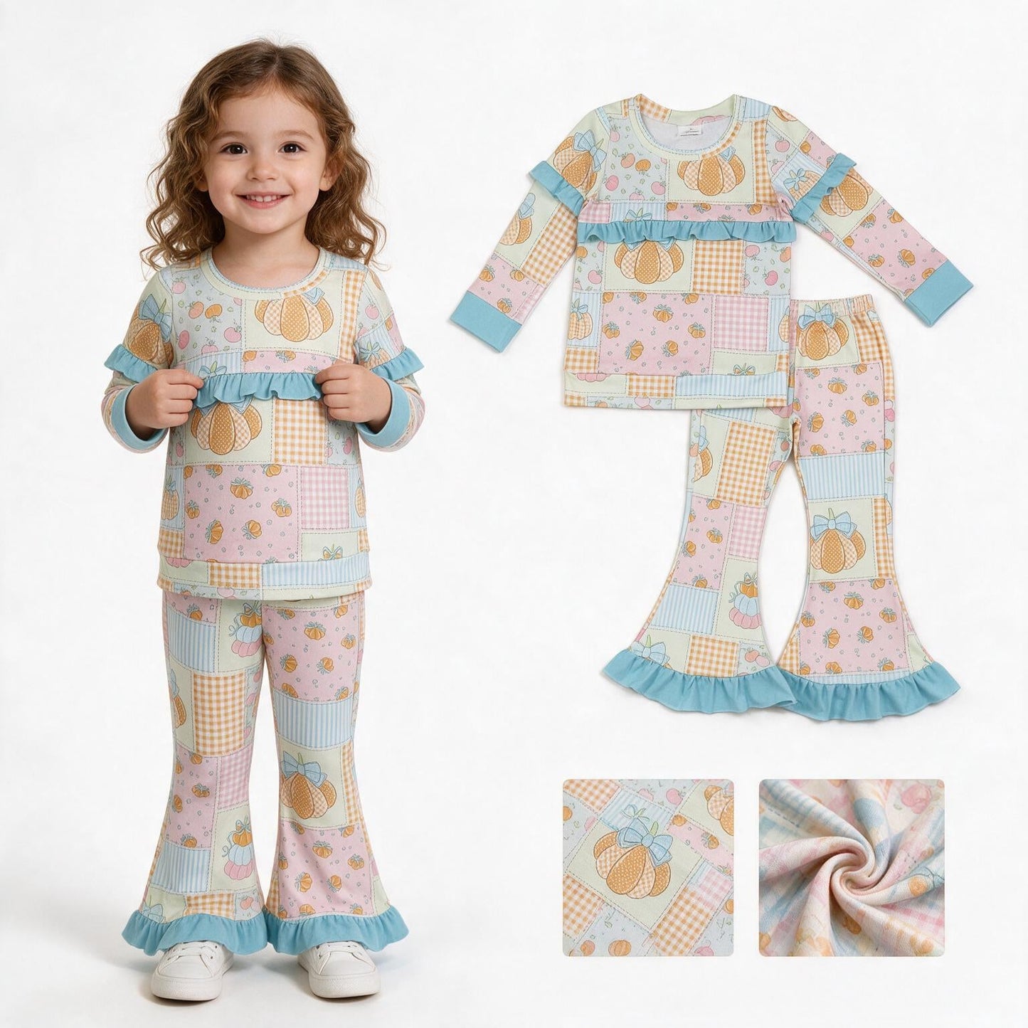 GLP3503 Fall Pumpkin Plaid Ruffles Girls Set