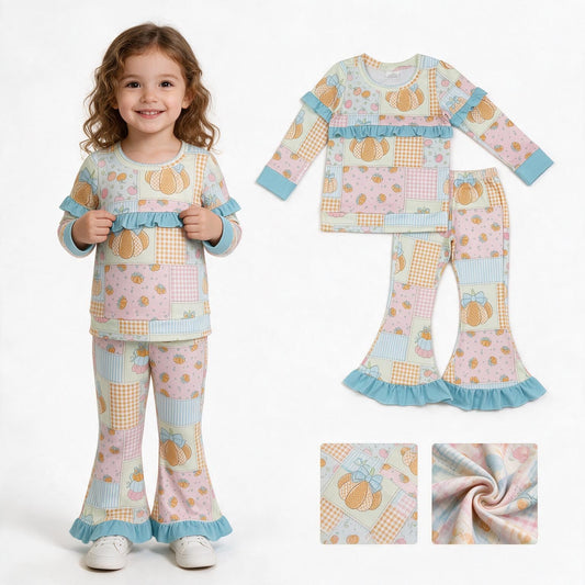 GLP3503 Fall Pumpkin Plaid Ruffles Girls Set
