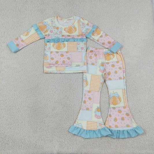 GLP3503 Fall Pumpkin Plaid Ruffles Girls Set