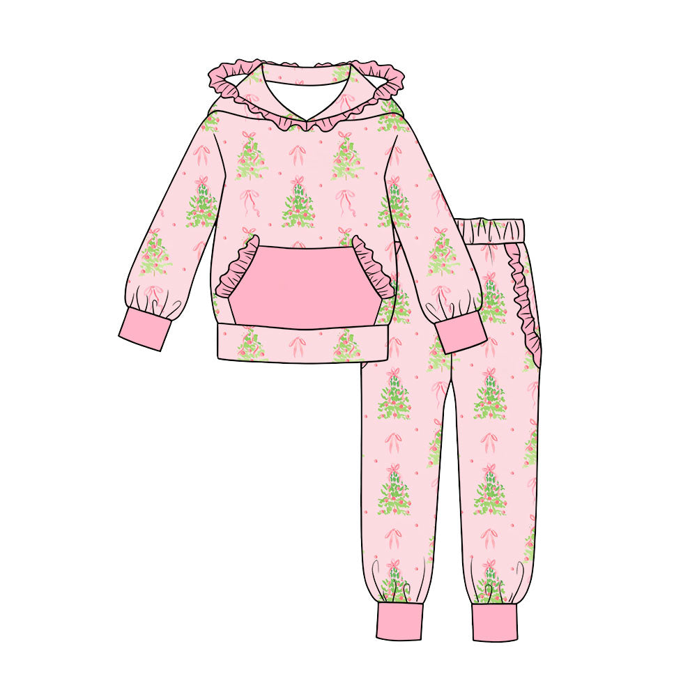 MOQ 5 PCS preorder GLP3512 Christmas Trees Bows Pink Ruffle Hooded Long Sleeve Pants Girls Sets 202607