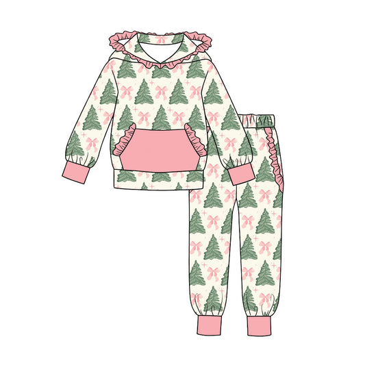 MOQ 5 PCS preorder GLP3513 Christmas Trees Bows Star Pink Ruffle Hooded Long Sleeve Pants Girls Sets 202607