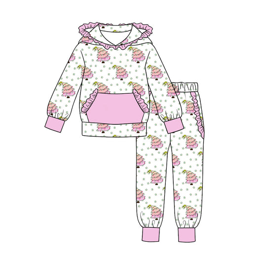 MOQ 5 PCS preorder GLP3516 Christmas Trees Star Purple Ruffle Hooded Long Sleeve Pants Girls Sets 202607