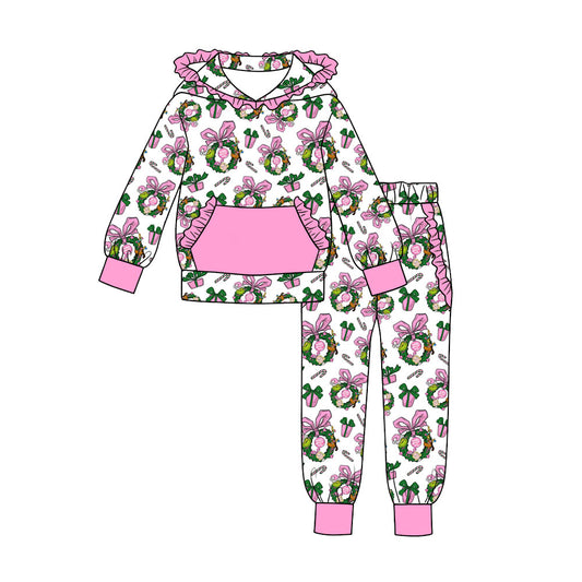 MOQ 5 PCS preorder GLP3517 Christmas Grinch Bows Rose Red Ruffle Hooded Long Sleeve Pants Girls Sets 202607