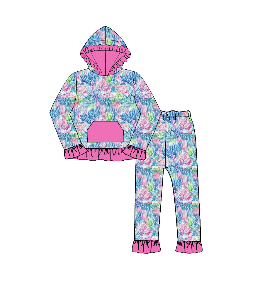 MOQ 5 PCS preorder GLP3518 Coral Seaweed Printed Rose Red Ruffle Hooded Long Sleeve Pants Girls Sets 202607