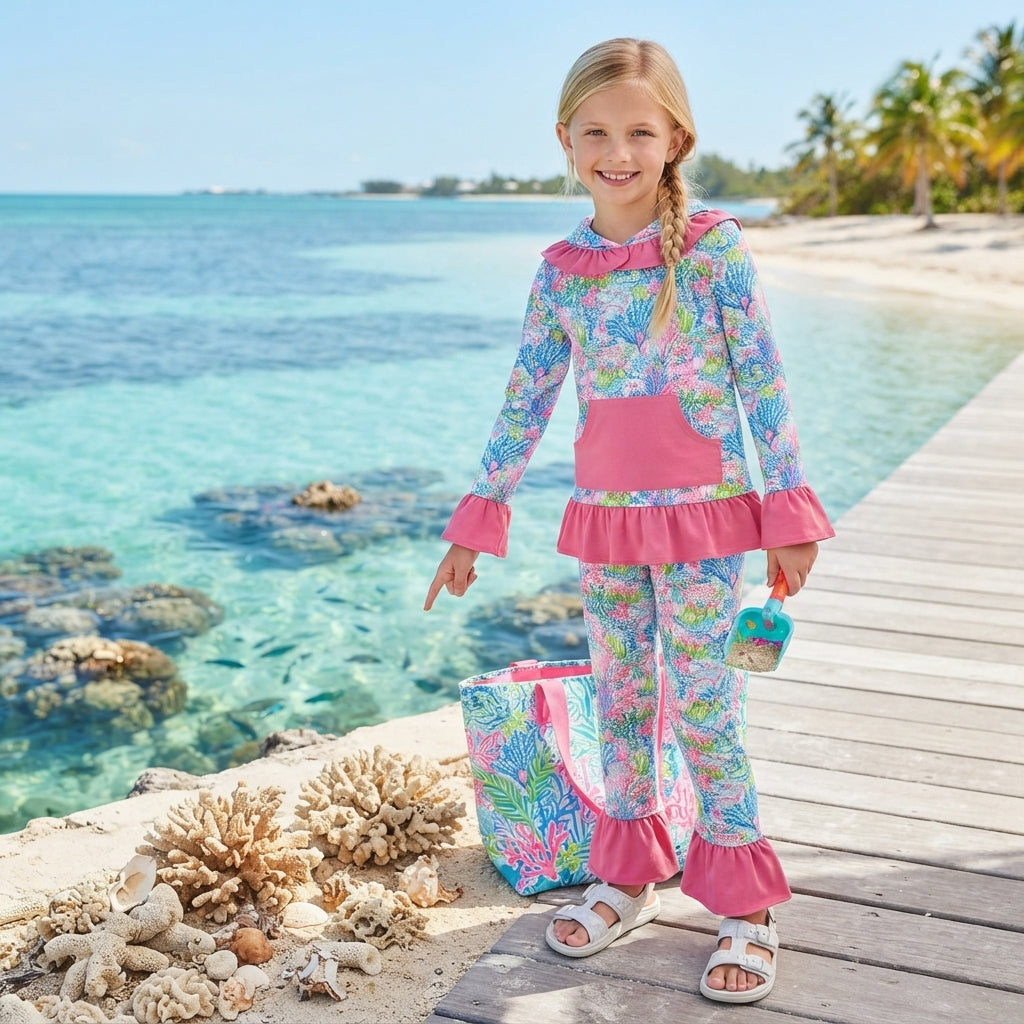 GLP3518 Ocean Coral Flower Girl's Hoodie Set