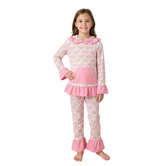 GLP3520 Bows Flower Pink Ruffles Girl's Hoodie Set