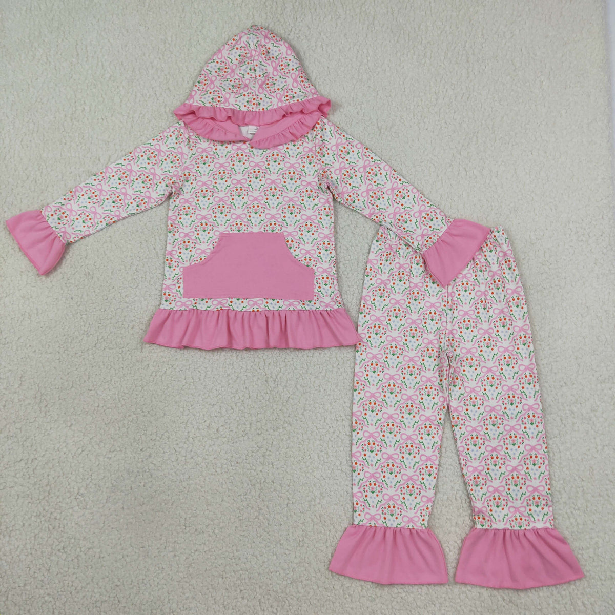 GLP3520 Bows Flower Pink Ruffles Girl's Hoodie Set