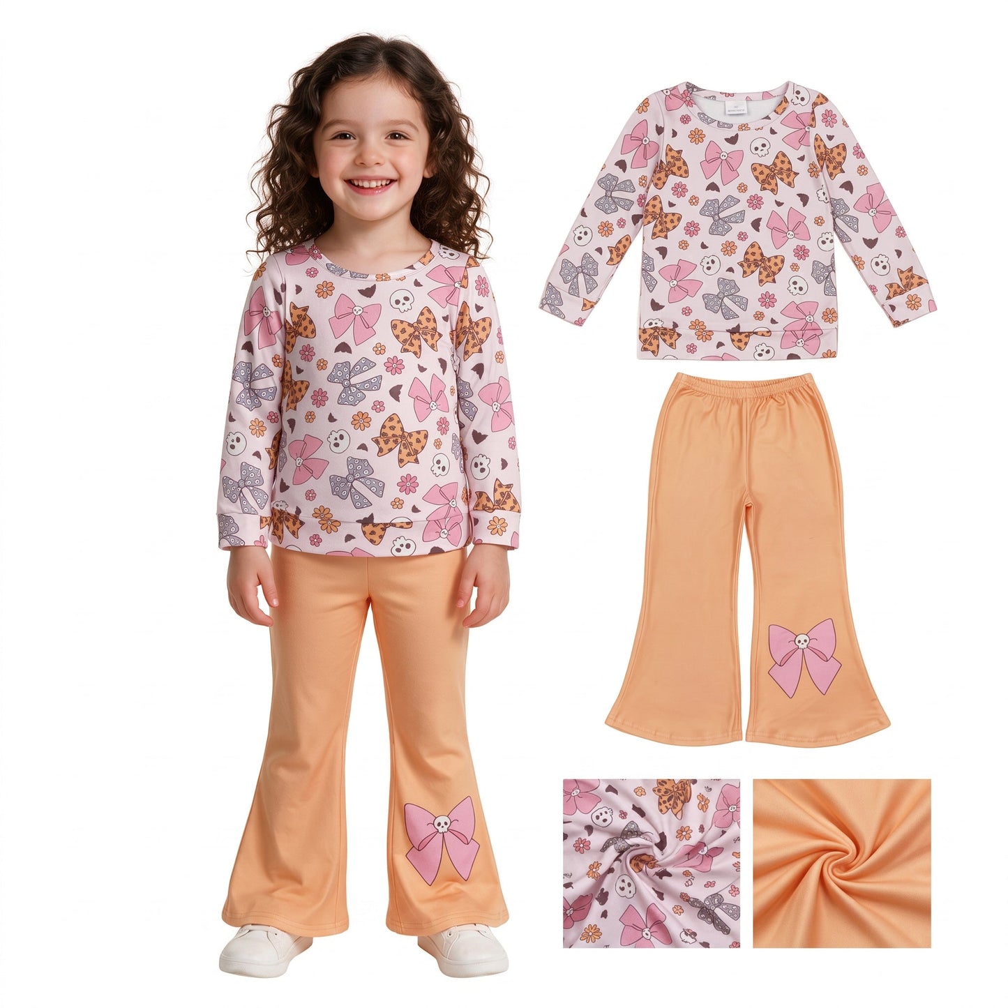 RTS GLP3536 Halloween Skull Bull Bows Flower Ruffles Girls Set