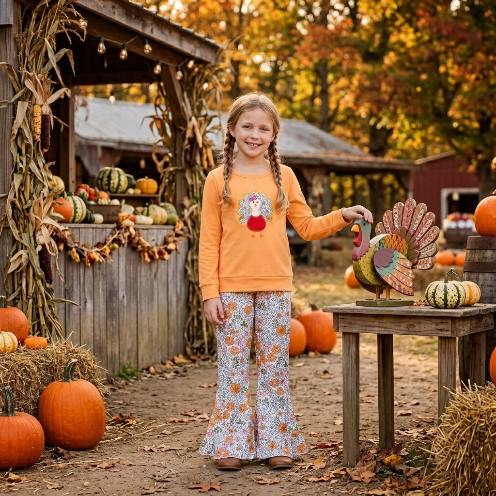 GLP3563 Embroidery Thanksgiving Day Flower Orange Girls Set