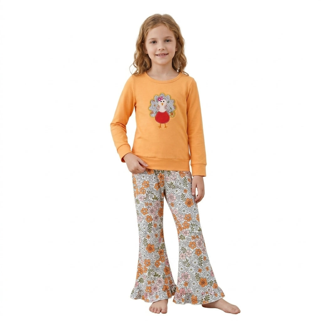 GLP3563 Embroidery Thanksgiving Day Flower Orange Girls Set