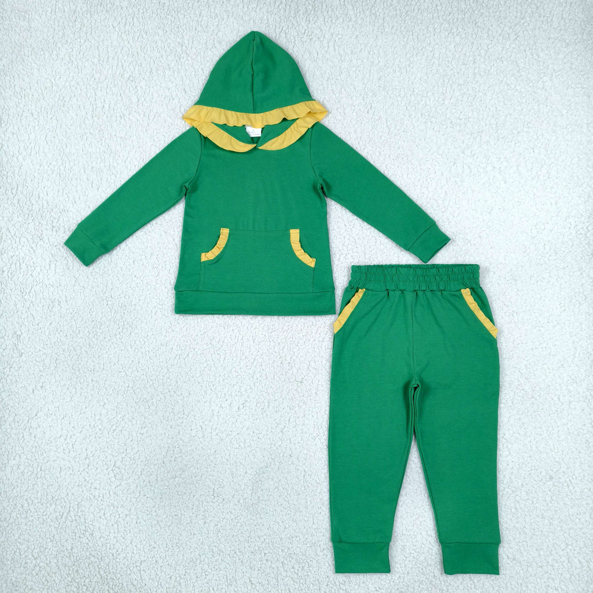 GLP3569 Team Colors Green Yellow Ruffles Girl's Hoodie Set