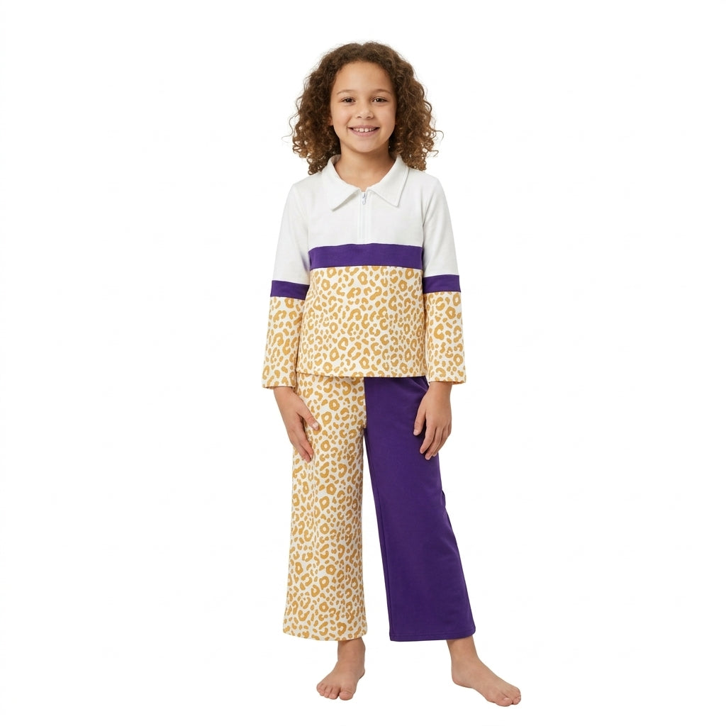 GLP3580 School Team Orange Leopard Pullover Girls Wide Leg Outfits