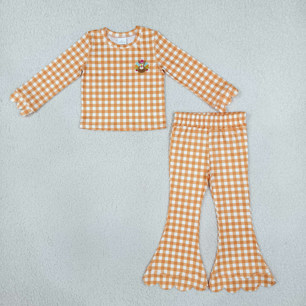 GLP3588 Embroidery Thanksgiving Turkey Plaid Scallop Edge Girls Set