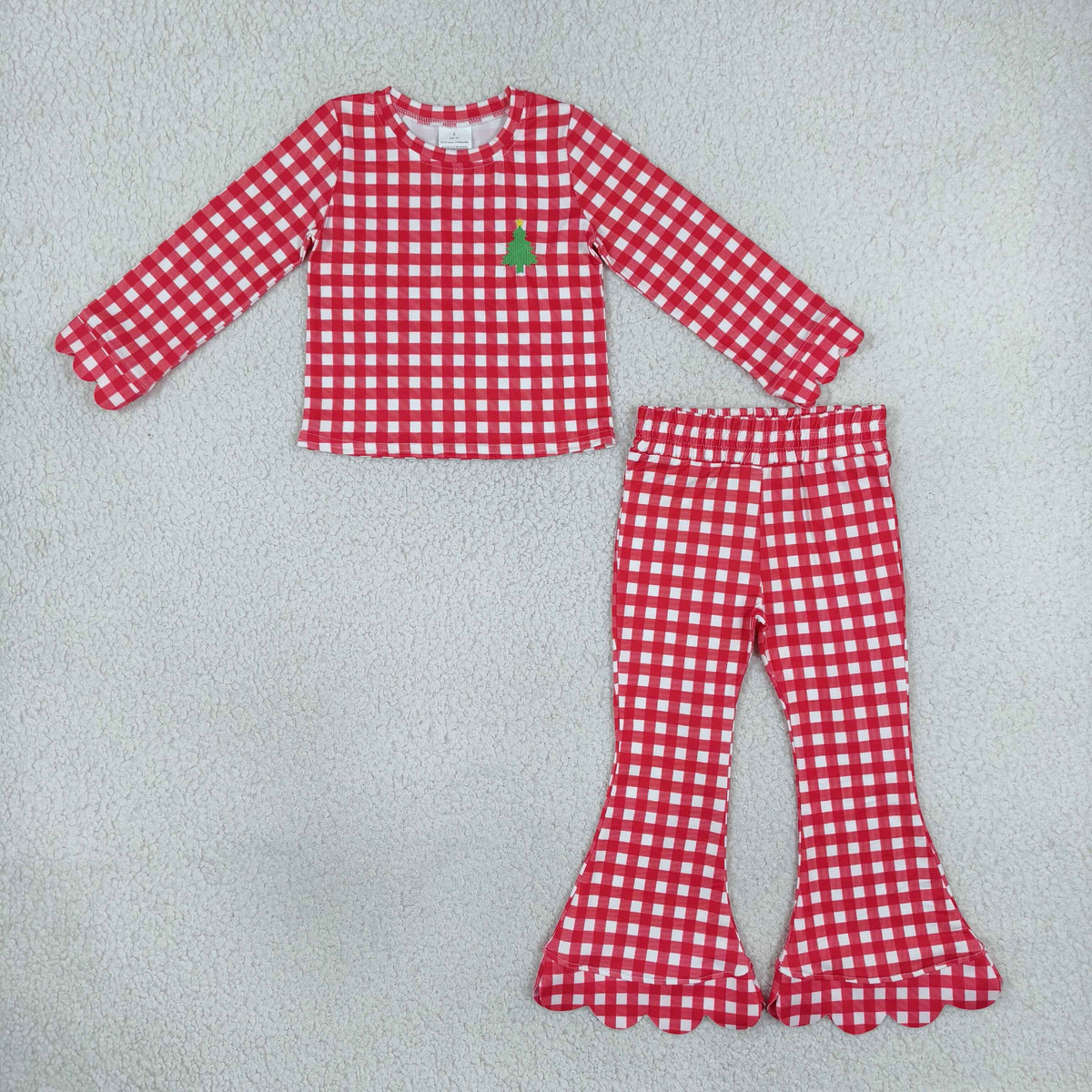 GLP3590 Embroidery Christmas Santa Trees Plaid Scallop Edge Girls Set