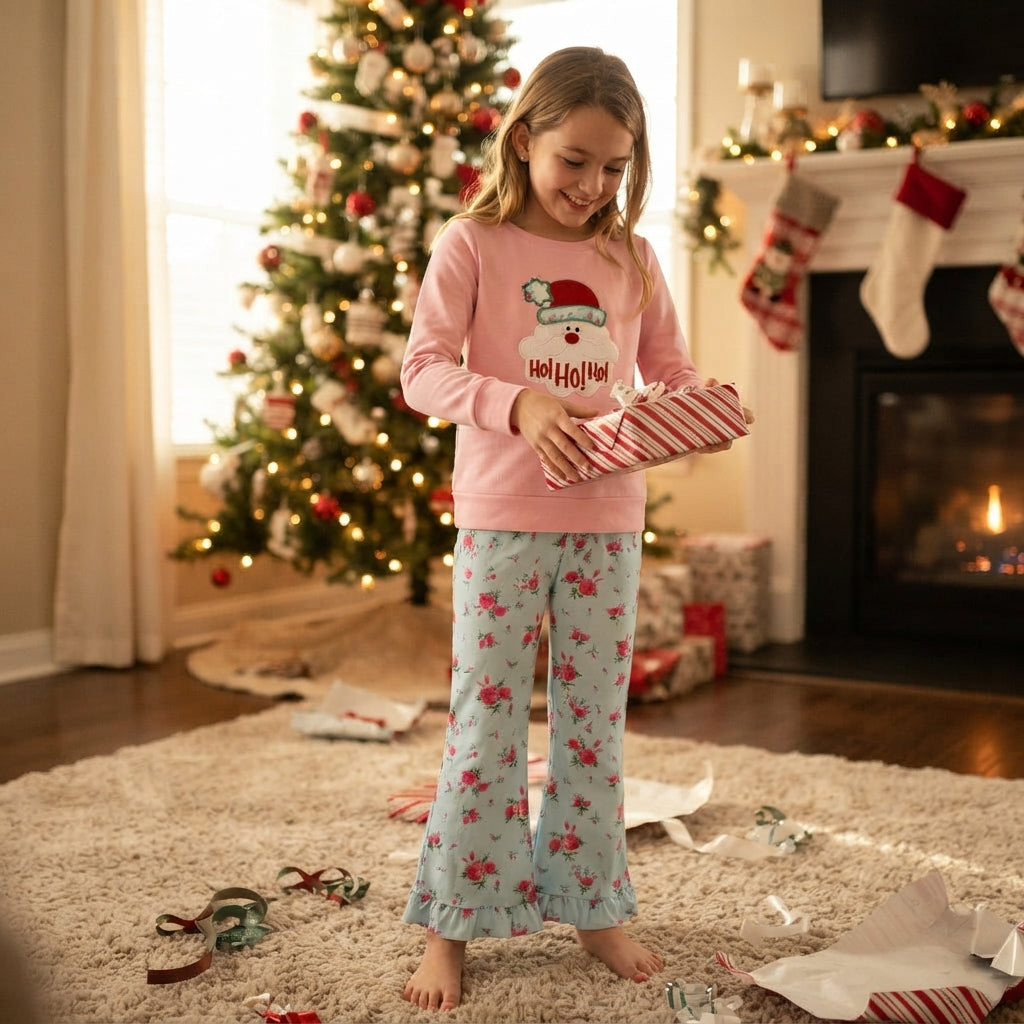 GLP3596 Embroidery Christmas Santa HOHOHO Flower Girls Set