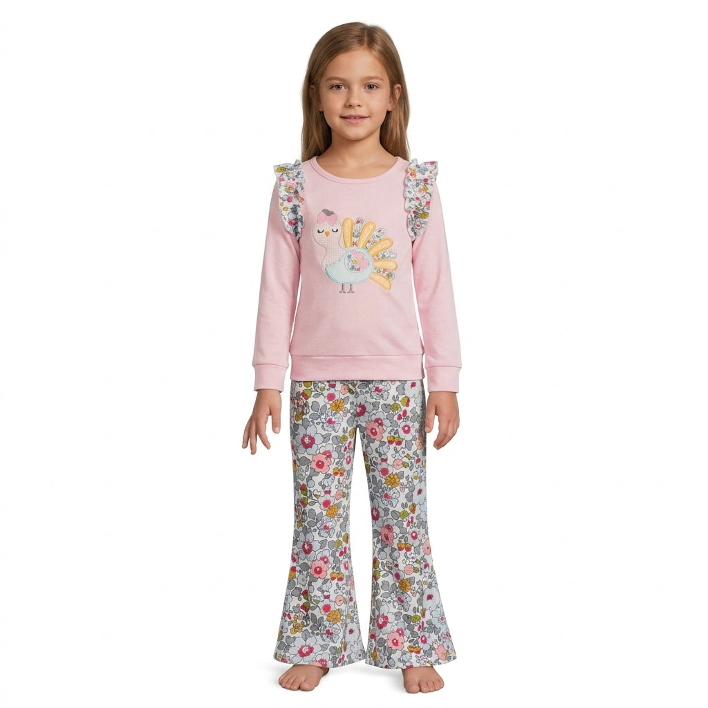 GLP3597 Embroidery Thanksgiving Day Turkey Flower Girls Set
