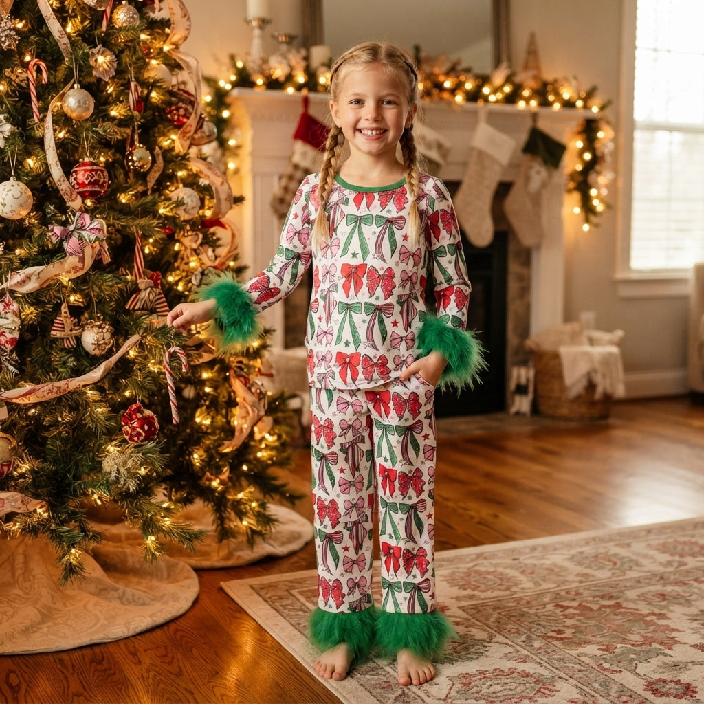 GLP3611 Christmas Santa Bows Feather Girls Pajamas Outfits